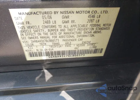 2006 Nissan Maxima 3.5 Sl z USA, uszkodzony, nr VIN 1N4BA41E76C866573